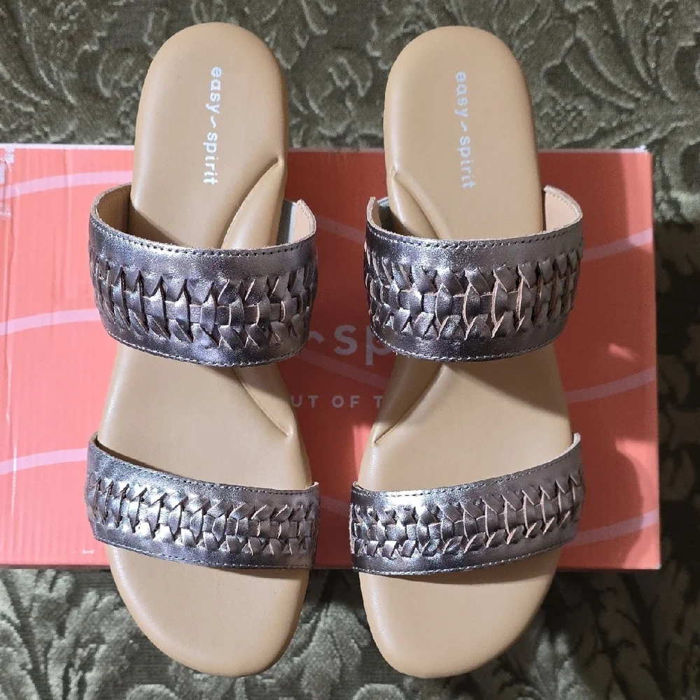 Easy Spirit Silver Metallic Two-Band Cork Wedge Slide